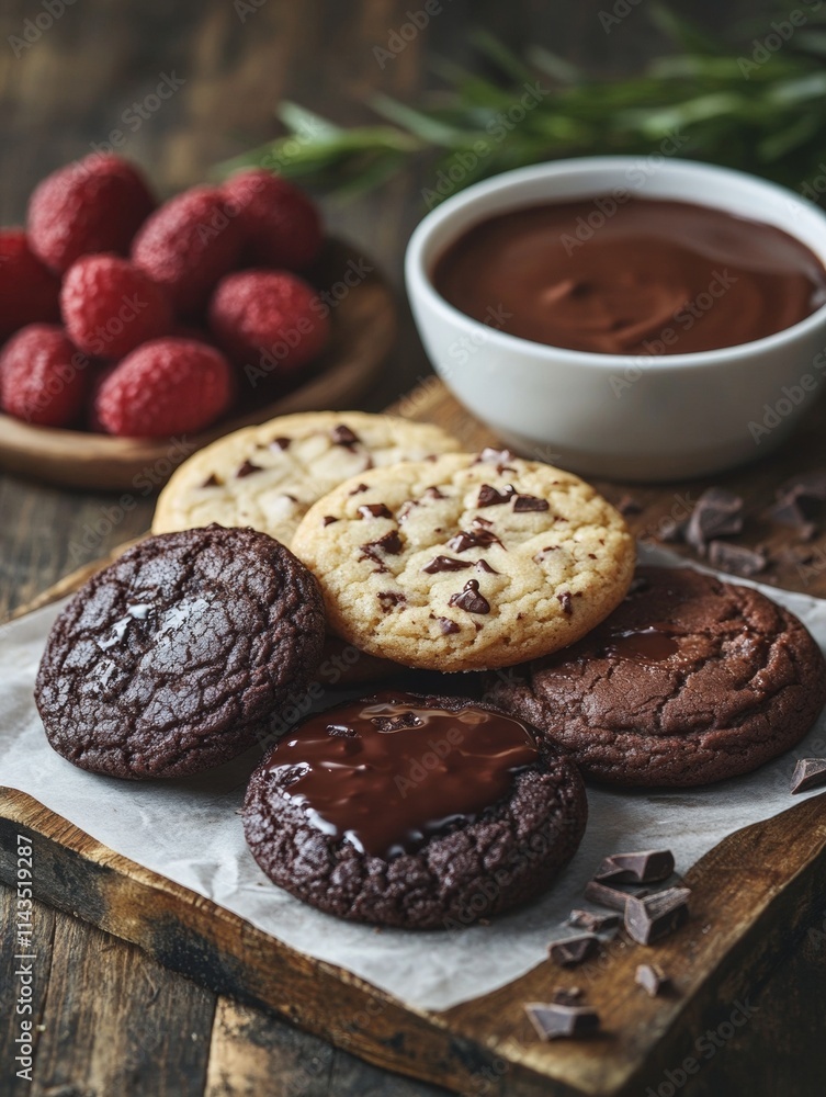 Freshly Baked Chocolate Cookies with Melted Chocolate and Raspberries on Rustic Wooden Table Freshly Baked Chocolate Cookies with Melted Chocolate and Raspberries on Rustic Wooden Table