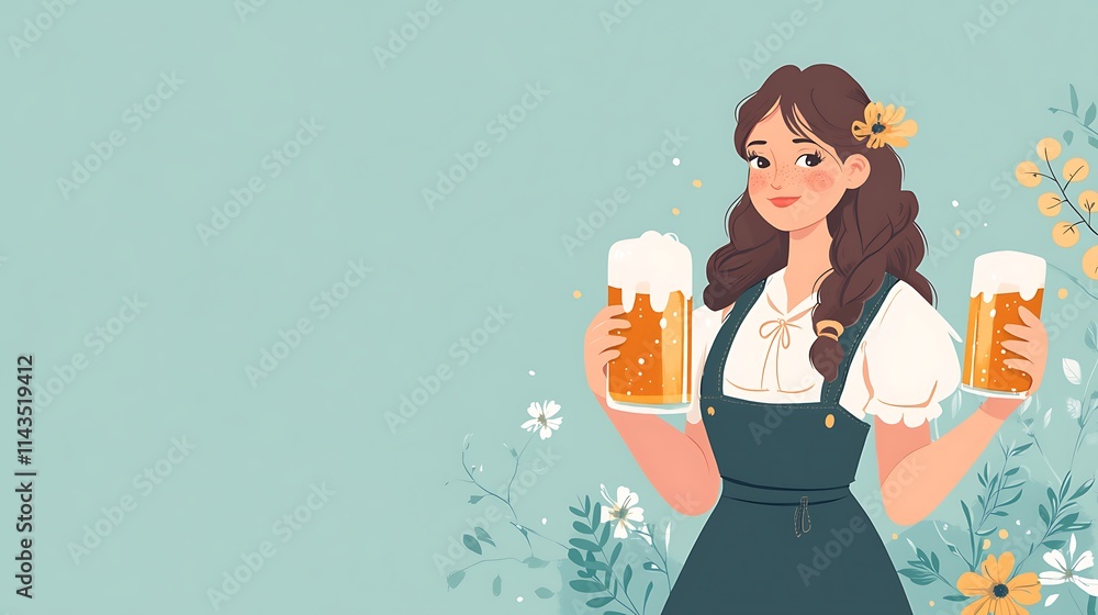 Woman smilingly holds beer mugs at party illustration vector art whimsical style. AI Generated Woman smilingly holds beer mugs at party illustration vector art whimsical style. AI Generated