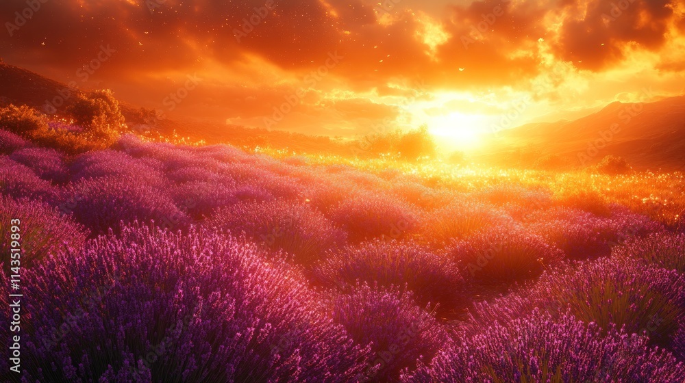 Sunset over vibrant purple lavender fields.