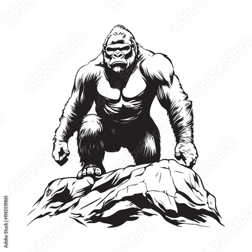 Mighty Gorilla Standing on a Mountain Rock Black and White Vector Illustration on White Background