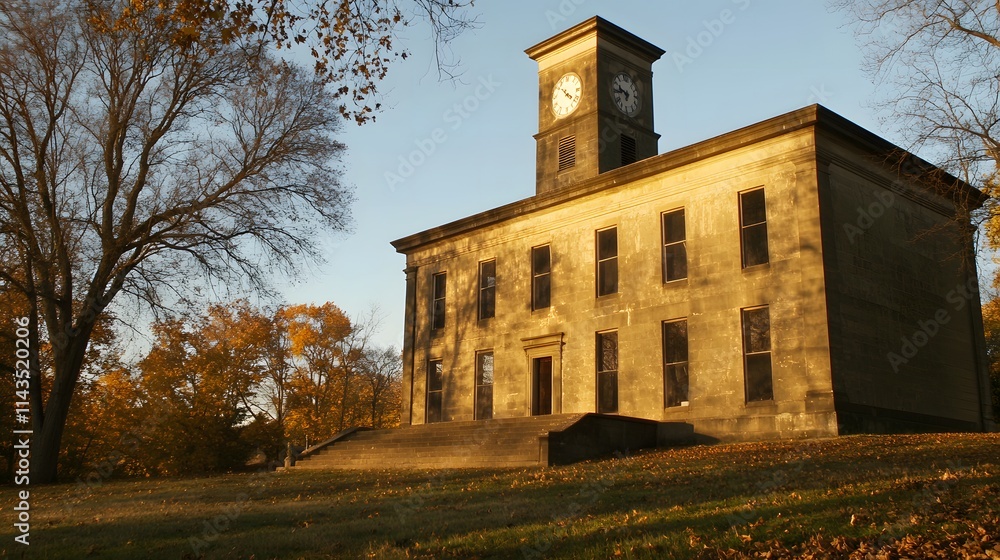 Naklejka premium Courthouse building exterior view with classical architecture and flagpole, symbolizing justice, authority, and public trust in legal systems