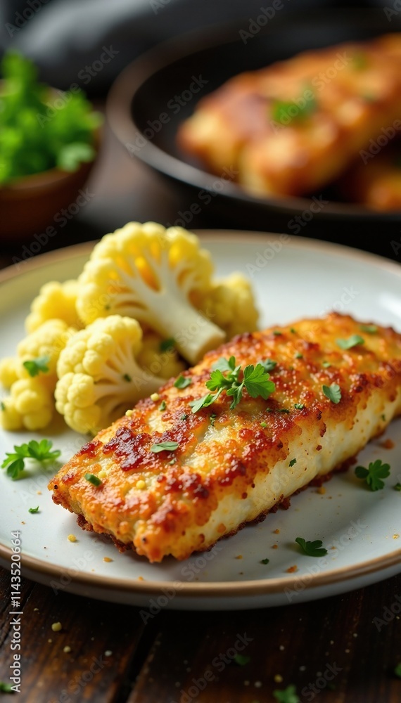 Battered and fried fish on a plate next to steamed cauliflower, kitchen table, food Battered and fried fish on a plate next to steamed cauliflower, kitchen table, food