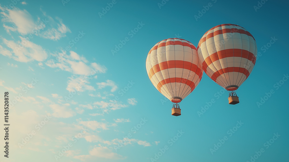 Fototapeta premium Two striped hot air balloons float in a clear blue sky