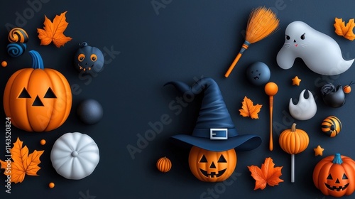 Festive Halloween Scene with Pumpkins Ghosts Witch s Broom and Autumn Leaves on a Dark Background  Spooky and Creepy Seasonal for October Holiday photo