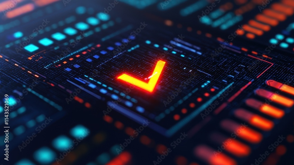Digital Interface with Neon Checkmark Symbol and Futuristic Background Digital Interface with Neon Checkmark Symbol and Futuristic Background