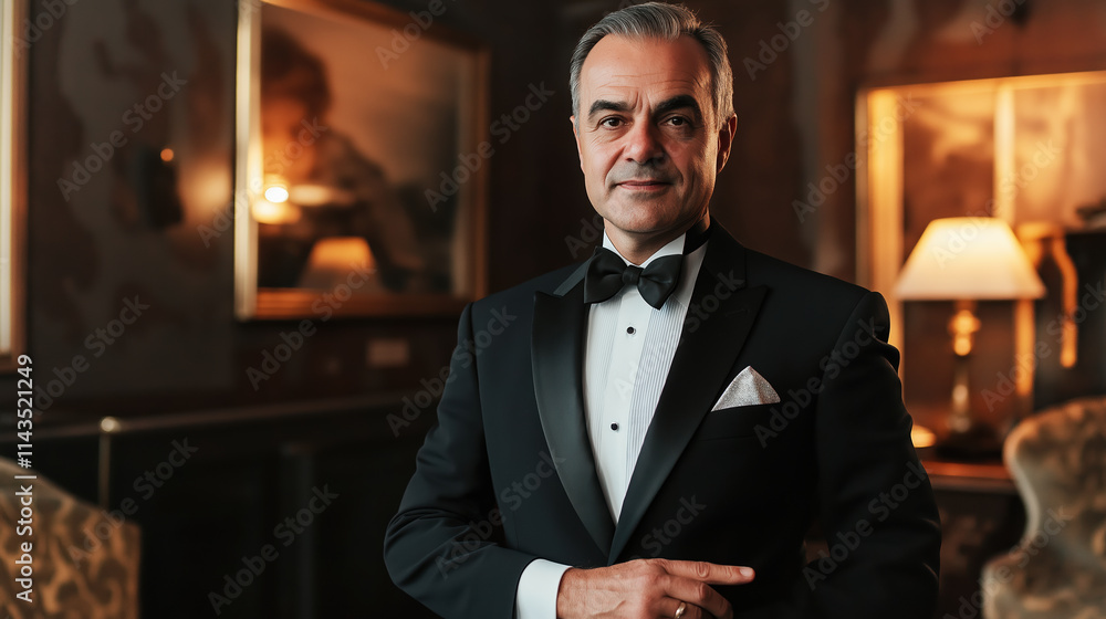 Elegant Caucasian mature man in tuxedo standing in luxurious interior setting Elegant Caucasian mature man in tuxedo standing in luxurious interior setting