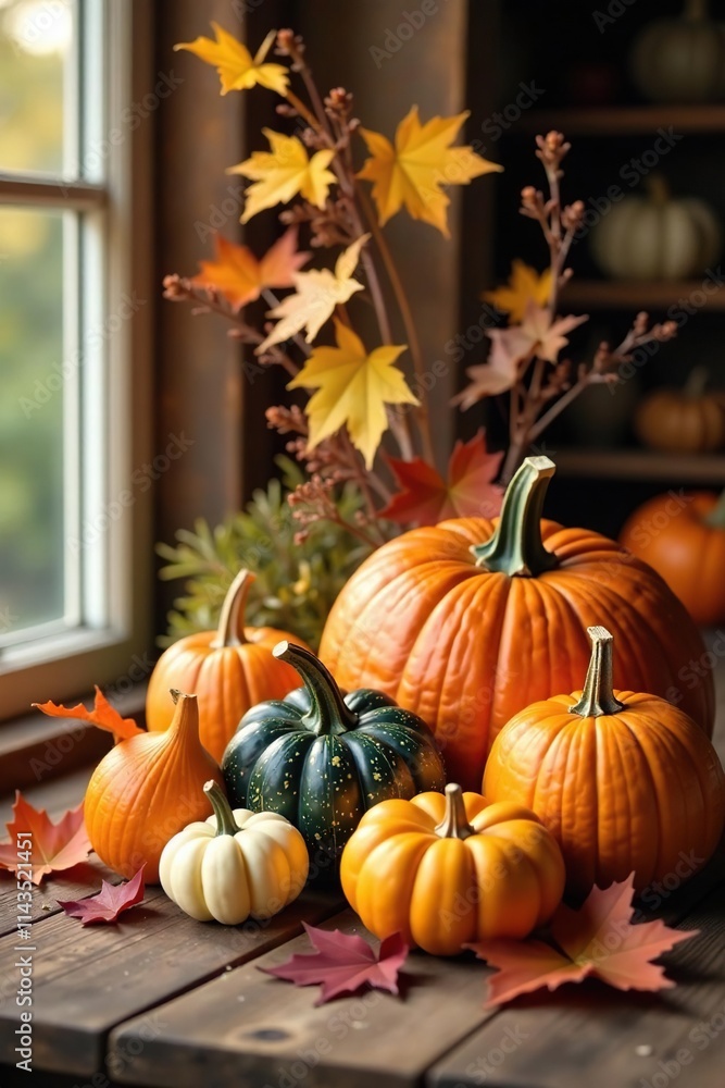 Beautifully arranged still life of autumnal objects, natural elements, warm and cozy, pumpkins Beautifully arranged still life of autumnal objects, natural elements, warm and cozy, pumpkins