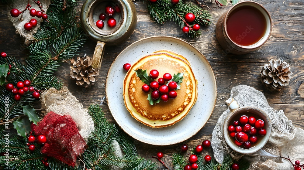 A cheerful holiday breakfast spread featuring pancakes, cranberries, and hot cider A cheerful holiday breakfast spread featuring pancakes, cranberries, and hot cider