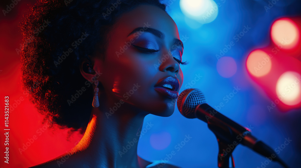 African American woman singing with passion under colorful stage lights African American woman singing with passion under colorful stage lights