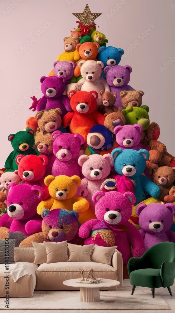 A vibrant display of colorful teddy bears arranged like a Christmas tree, inviting joy. A vibrant display of colorful teddy bears arranged like a Christmas tree, inviting joy.