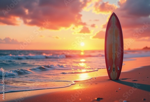 Serene Beach Sunset with Surfboard: Captivating Coastal Vibes photo