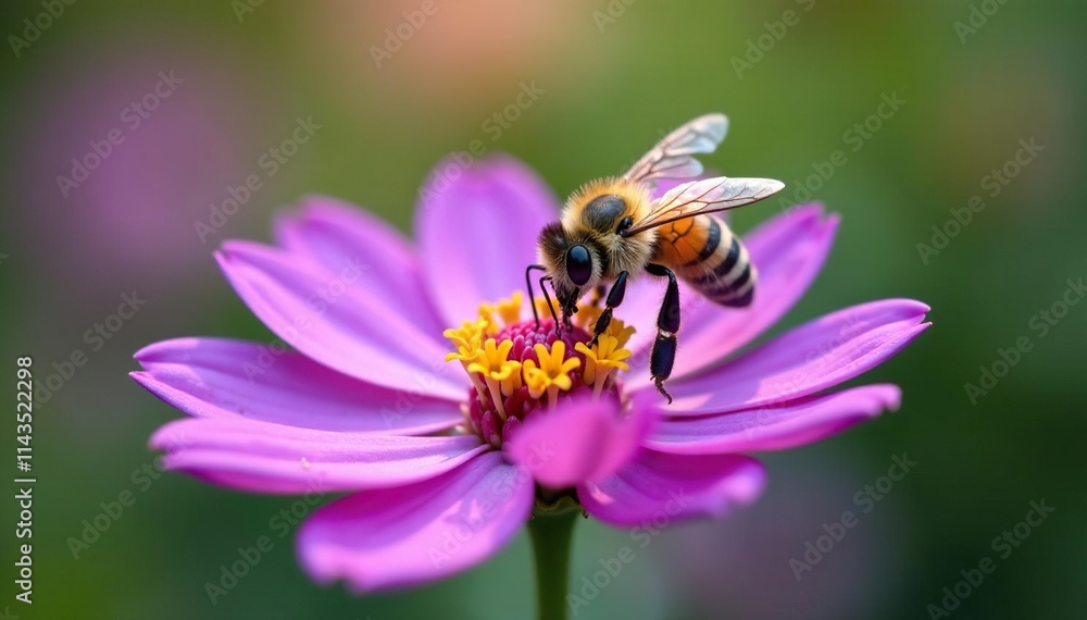 Bee collects nectar from a fragrant purple flower with delicate petals, collect, bees, pollen Bee collects nectar from a fragrant purple flower with delicate petals, collect, bees, pollen