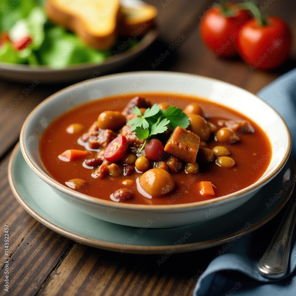 Beef Chili served with crusty bread and a side salad, comfort food, fresh salad Beef Chili served with crusty bread and a side salad, comfort food, fresh salad