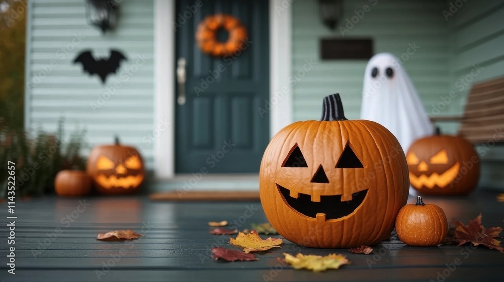 Spooky Halloween scene with carved jack o lanterns ghosts and other festive at the entrance of a rustic wooden house during the autumn season at dusk Spooky Halloween scene with carved jack o lanterns ghosts and other festive at the entrance of a rustic wooden house during the autumn season at dusk