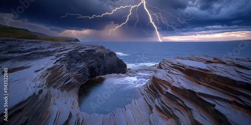 Dramatic Lightning Strikes Over Rugged Coastal Cliffs and Natural Rock Pool Under Moody Sky at Dusk with Ocean Waves and Atmospheric Clouds in Stunning Landscape Photography photo