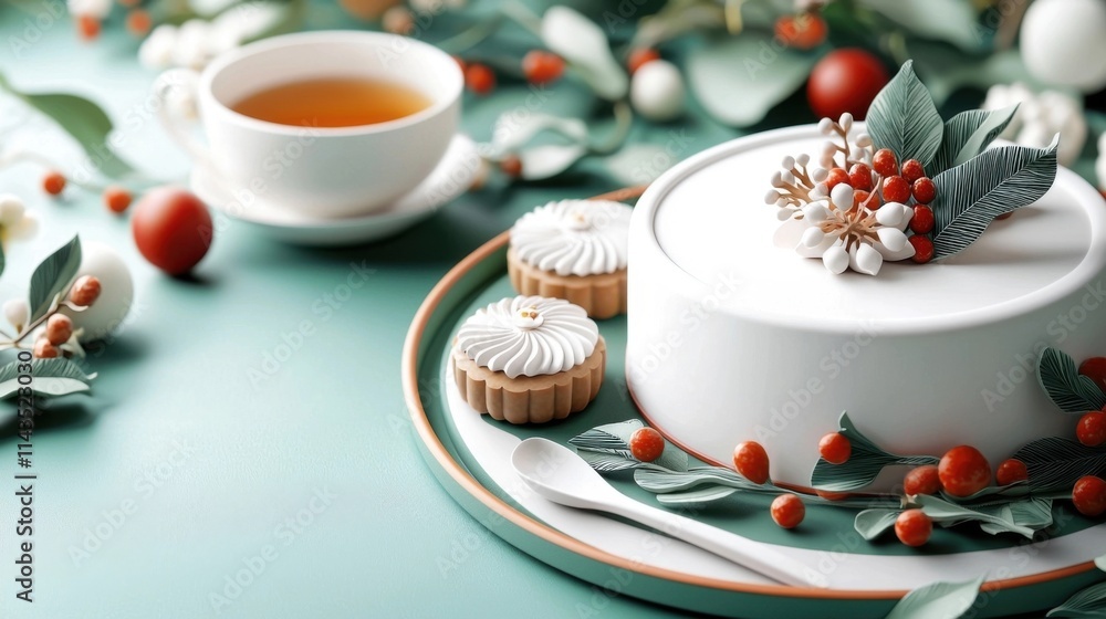 Cozy winter holiday dessert scene with a delicious homemade cake cup of tea and festive including holly pine branches and snowy accents on a rustic table setting Cozy winter holiday dessert scene with a delicious homemade cake cup of tea and festive including holly pine branches and snowy accents on a rustic table setting