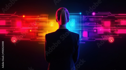 Woman Silhouette in Front of Colorful Digital Art and Technology Lines