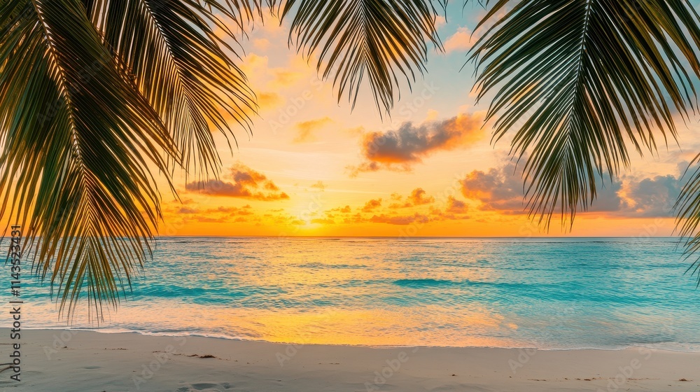 Fototapeta premium A breathtaking sunset view over a tropical beach with empty space in the sky area for text, showcasing clear blue waters, palm trees swaying gently, and soft sand. Perfect for inspirational 