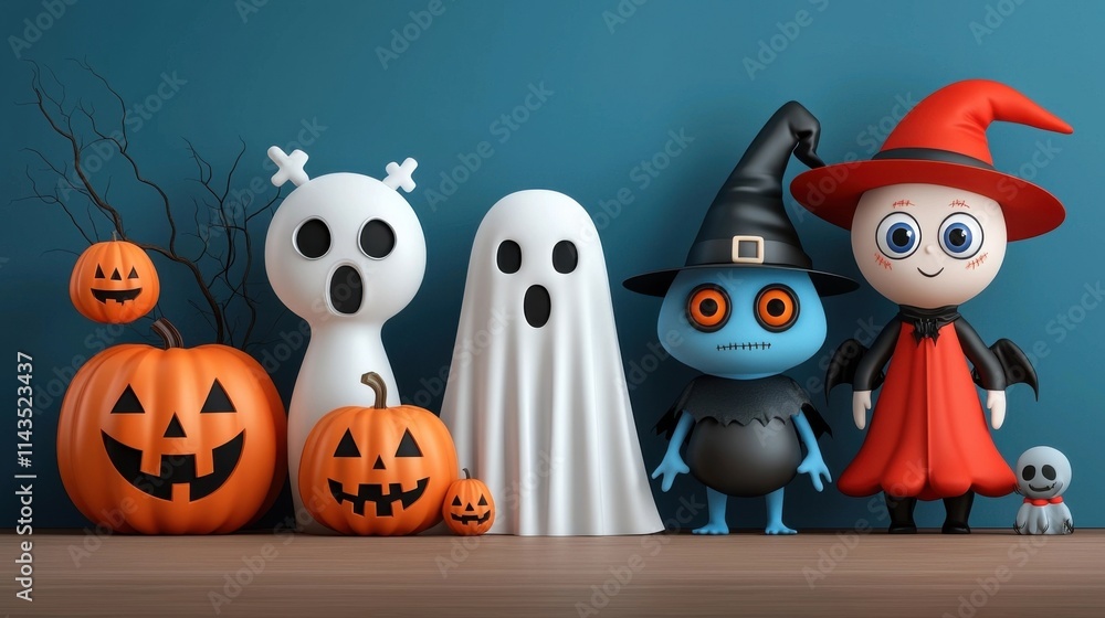Assortment of spooky and whimsical Halloween figurines including pumpkins ghosts a witch and a black cat arranged on a shelf against a dark teal background Assortment of spooky and whimsical Halloween figurines including pumpkins ghosts a witch and a black cat arranged on a shelf against a dark teal background