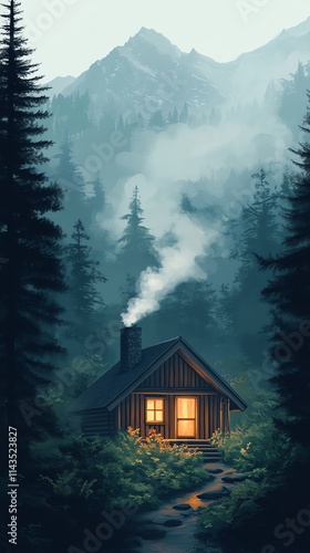 A cozy cabin in a misty forest, illuminated warmly, with smoke rising from the chimney.