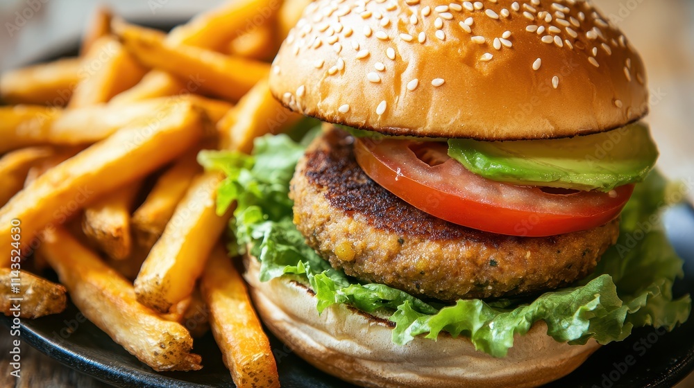 A delicious vegan burger with crispy fries, showcasing a plant-based patty with fresh lettuce, tomato, avocado, and a sesame seed bun. The vibrant colors and appetizing presentation emphasize 