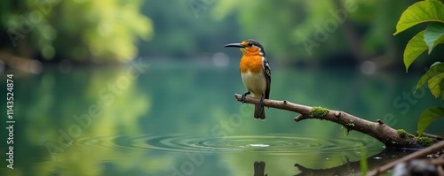 Bird perched on a branch above the river's surface, outdoor, water, wildlife