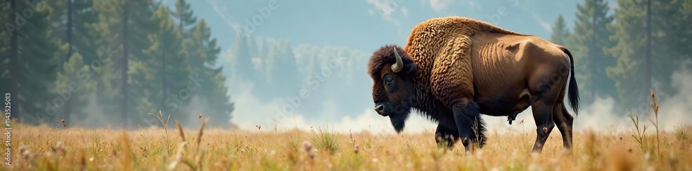 Bison's shaggy coat blends into misty yellowstone forest landscape, wildlife, bison Bison's shaggy coat blends into misty yellowstone forest landscape, wildlife, bison