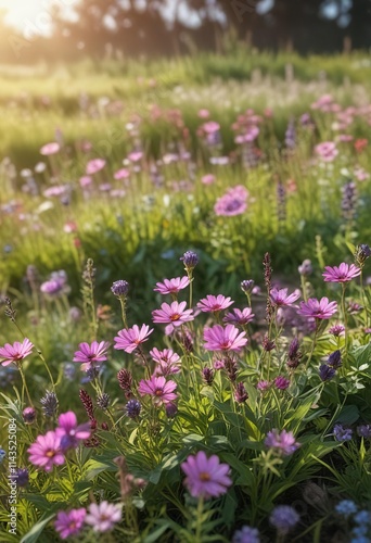 Fresh purple and pink wildflowers growing in a sunny meadow, meadow, sunny