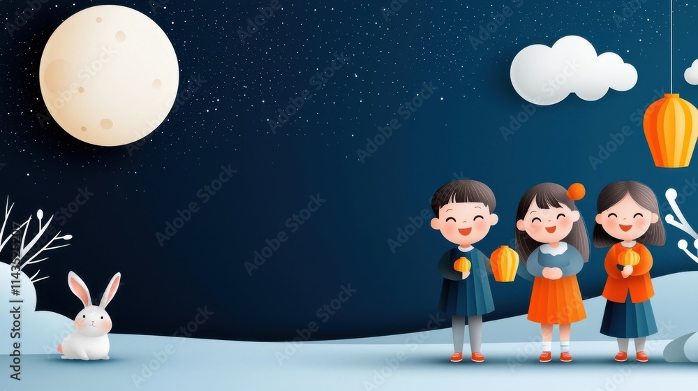 Naklejka premium Enchanting Nighttime Adventure with Children in Moonlit Forest Landscape Carefree young kids exploring the magical outdoors under a starry sky and glowing lanterns