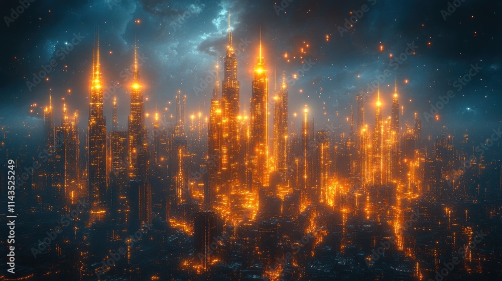 Obraz premium Futuristic city, glowing orange, night sky.