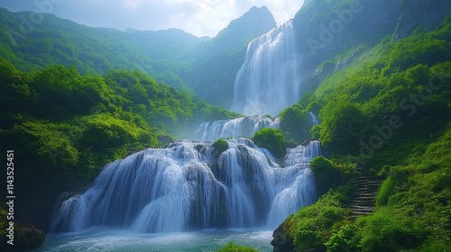 Zoom Virtual Background: Majestic waterfall cascading through lush green mountains. Sunshine Wallpaper