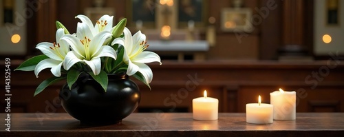Black cremation urn with white lilies and burning candles on an altar, refined, church, white lilies