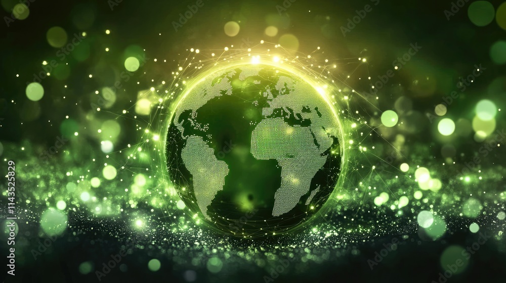 A Green Future: A luminous green globe, a symbol of our planet, shines with a radiant glow in a field of shimmering green lights, signifying hope for a sustainable future. A Green Future: A luminous green globe, a symbol of our planet, shines with a radiant glow in a field of shimmering green lights, signifying hope for a sustainable future.