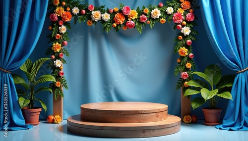 Blue cloth drapes around a decorative wooden podium with garlands and flowers, garlands, decorative photo