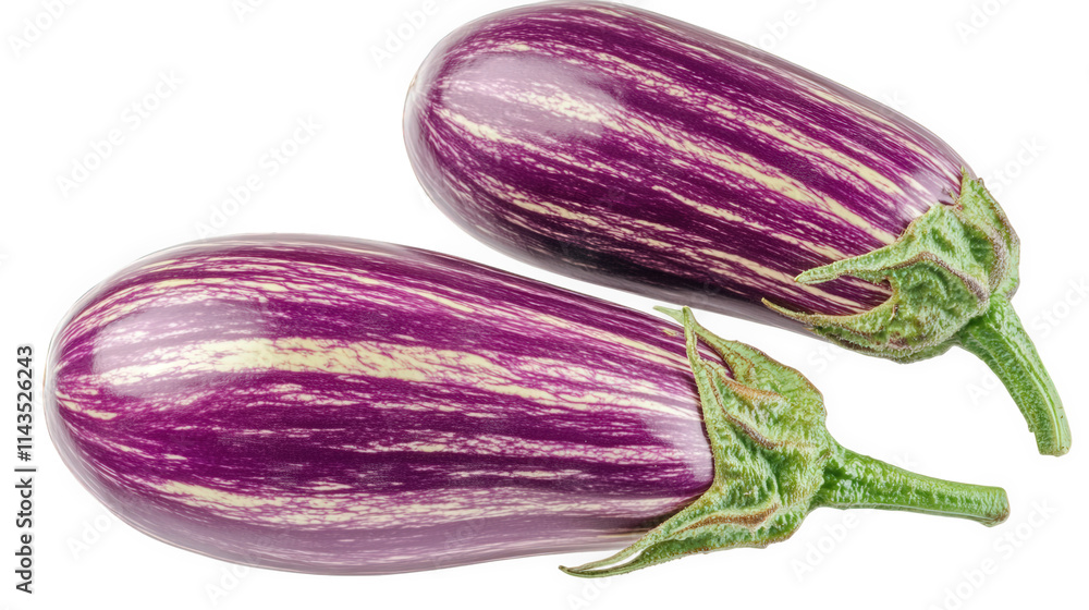 two striped eggplants with green stems isolated on a transparent background two striped eggplants with green stems isolated on a transparent background