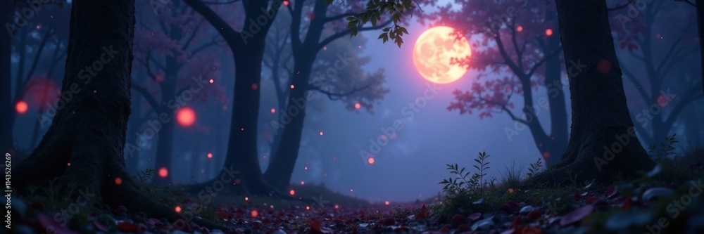 Naklejka premium Bokeh moonlit forest glows with an otherworldly light, forest landscape, mystical