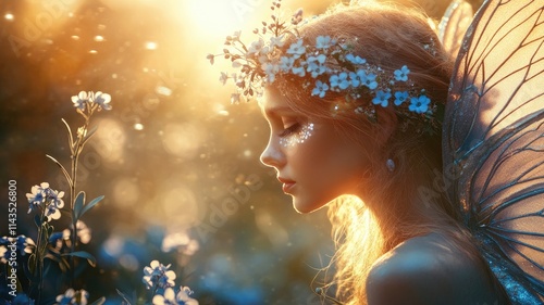Ethereal female fairy in glowing golden light amidst flowers