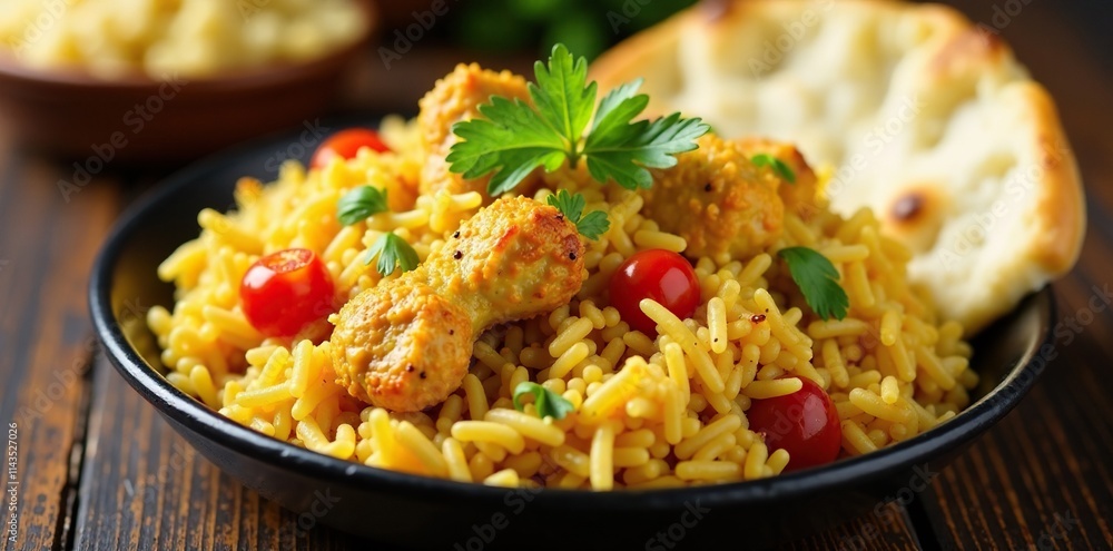 Chicken bryani fried rice served with a side of steamed basmati rice and naan bread , basmati rice, chicken fried rice Chicken bryani fried rice served with a side of steamed basmati rice and naan bread , basmati rice, chicken fried rice