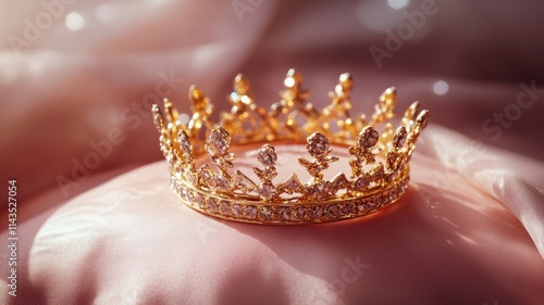 Ornate golden crown with gemstones on pink satin under soft light photo