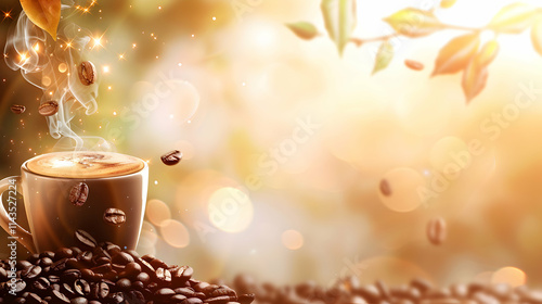 Coffee Advertising with Roasted Beans and Aromatic Mug Design

 photo