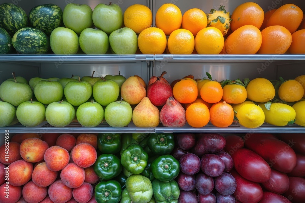 Fresh fruits and vegetables arranged neatly on shelves of a refrigerator. A vibrant image showcasing healthy eating and food storage. Fresh fruits and vegetables arranged neatly on shelves of a refrigerator. A vibrant image showcasing healthy eating and food storage.