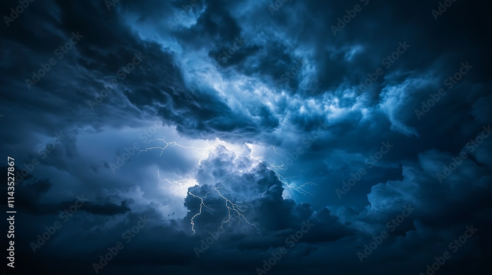 Obraz premium Stormy clouds intensely flashing wide shot photo.. AI Generated