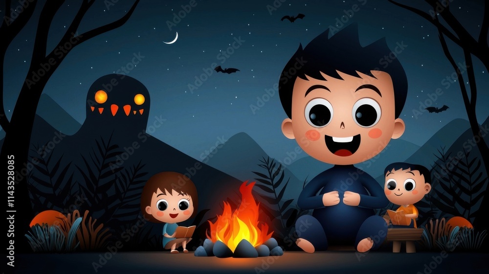 Fototapeta premium Charming depicting a group of young children gathered around a campfire in a moonlit forest surrounded by curious and friendly fantasy creatures The scene evokes a sense of adventure imagination