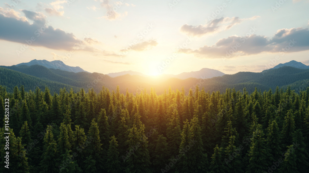 Sunrise over lush forested mountains natural landscape scenic view tranquil environment Sunrise over lush forested mountains natural landscape scenic view tranquil environment