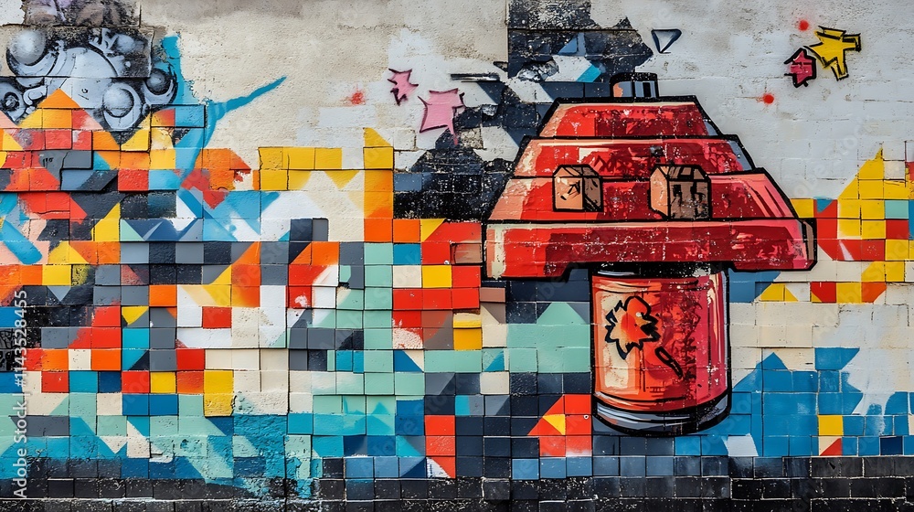 Naklejka premium Vibrantly Painted Wall With Red House Detail Photo Wide Shot. AI Generated