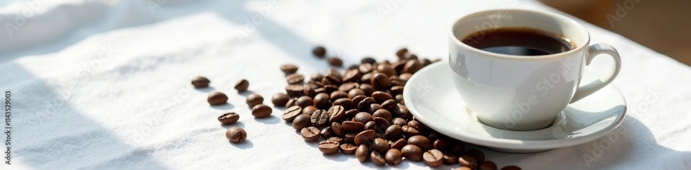 Fototapeta premium Coffee beans scattered on a white tablecloth with freshly brewed coffee, white, tablecloth