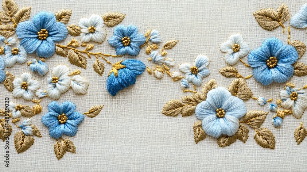 Fototapeta premium Intricate blue and white floral embroidery on beige fabric