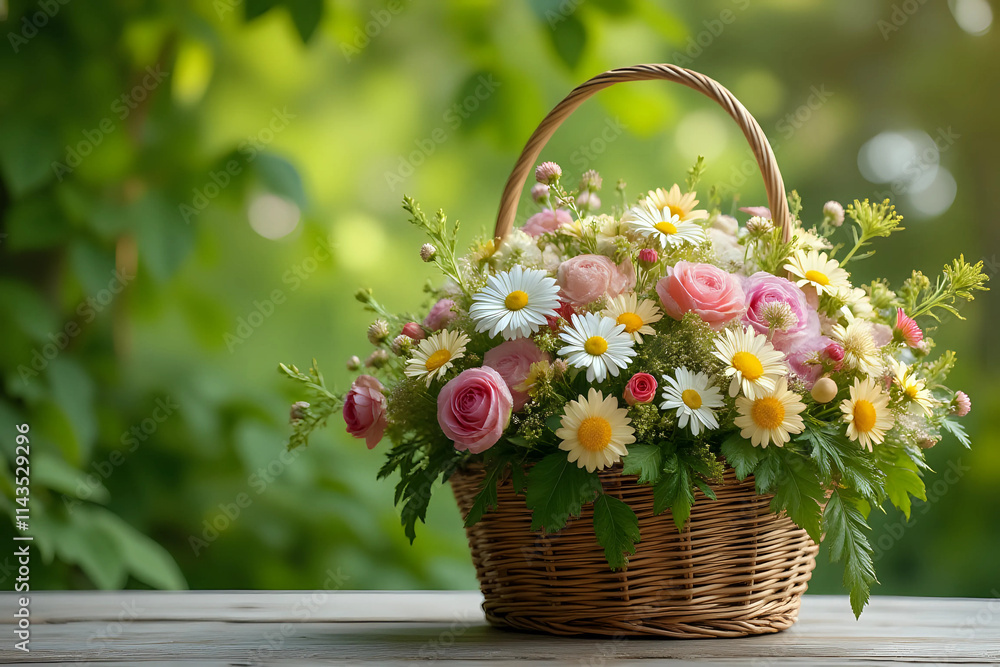 flowers bouquet in wicker basket on table in garden, abstract natural green background. spring, summer season. rustic still life with meadow flowers. template for design. copy space flowers bouquet in wicker basket on table in garden, abstract natural green background. spring, summer season. rustic still life with meadow flowers. template for design. copy space