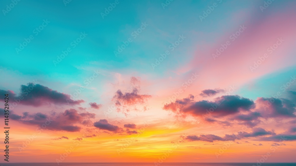Vibrant Sunset Over Tranquil Ocean with Colorful Cloud Formation Vibrant Sunset Over Tranquil Ocean with Colorful Cloud Formation