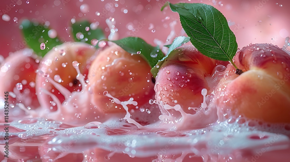 Collection of delicious peaches with leaves splashing into milk, yogurt, or smoothie, cut-out design. Collection of delicious peaches with leaves splashing into milk, yogurt, or smoothie, cut-out design.